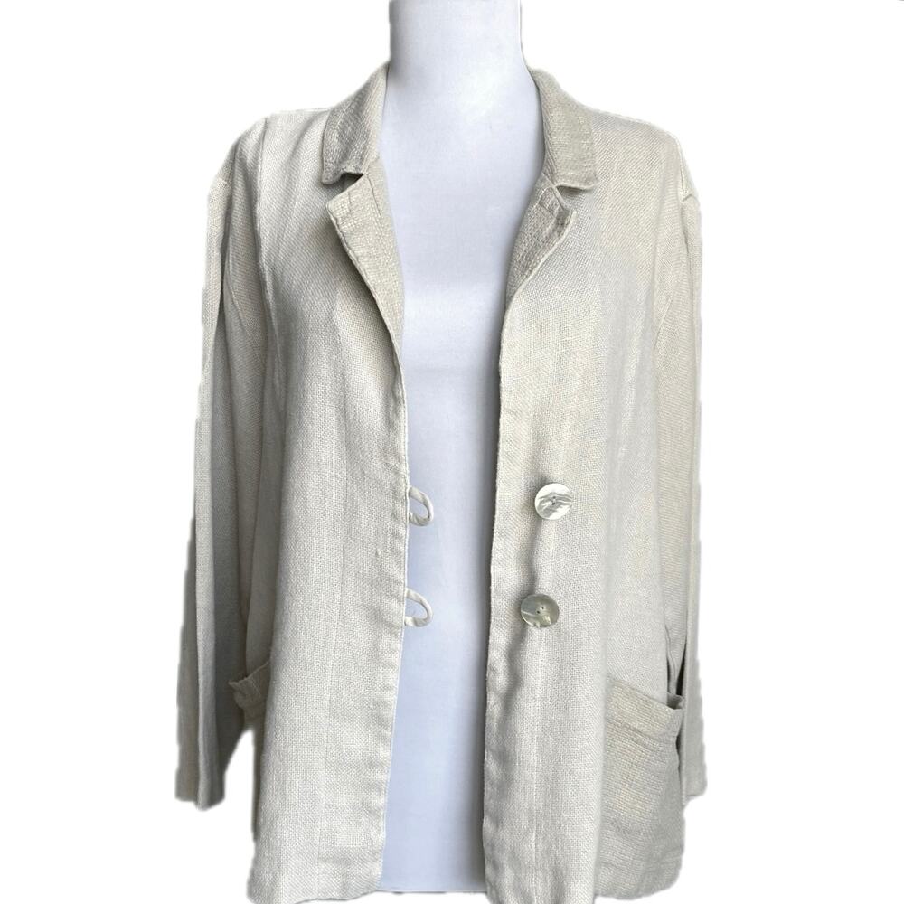 HABITAT 100% Linen Woven‎ Tweed Lightweight Blazer Jacket SZ M Neutral Lagenlook - Picture 2 of 12